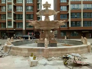 大型石雕喷泉安装—天津石雕狮龙头喷泉欧式直径4米